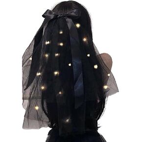 JONKY Light Up Veils Hair Clip Led Bride Veil Pearl 2 Tier Wedding Veil Bachelorette Party Bridal Shower Hair Accessories (Black-Warm lights)