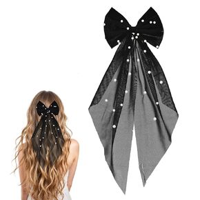 Bridal Hair Bow Veil with Pearl Wedding Veil with Barrette Short Tulle Hair Accessories for Bachelorette Party Bridal Shower(Black)