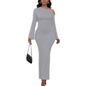 Women's Sexy Bodycon One Shoulder Long Sleeve Ruffle Maxi Club Party Cocktail Long Dress