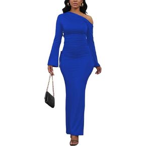 Women's Sexy Bodycon One Shoulder Long Sleeve Ruffle Maxi Club Party Cocktail Long Dress in Kuwait