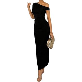 SOLY HUX Women's Off The Shoulder Maxi Dress Bodycon Ruched Asymmetrical Neck Long Dresses Party Evening Dress