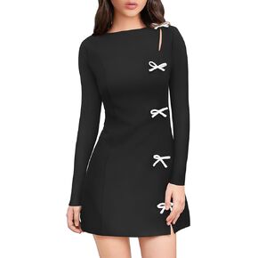 XXTAXN Women's Fall Long Sleeves Boat Neck Elegant Bow Y2k A Line Mini Dress
