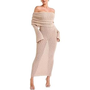 CUTEGAL Women's Off Shoulder Maxi Dress Long Sleeve Bodycon Knit Crochet Mesh Sweater Sexy Vacation Party Dresses Wrap Dress
