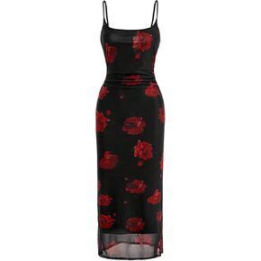 Verdusa Women's Floral Print Mesh Lettuce Trim Sleeveless Bodycon Long Cami Dress