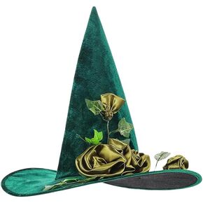 Halloween Green Velvet Witch Hat Flower Vine Magic Cosplay Hat Pointed Hat Wizard Hat for Women Girls Carnival Christmas Party Cos Headwear Accessory