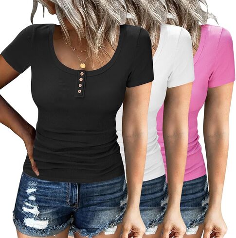 Zeagoo 3 Pack Women Tops Ribbed Square Neck T Shirts Summer Basic Trendy Slim Fit Henley Button Blouses S-2XL in Saudi Arabia
