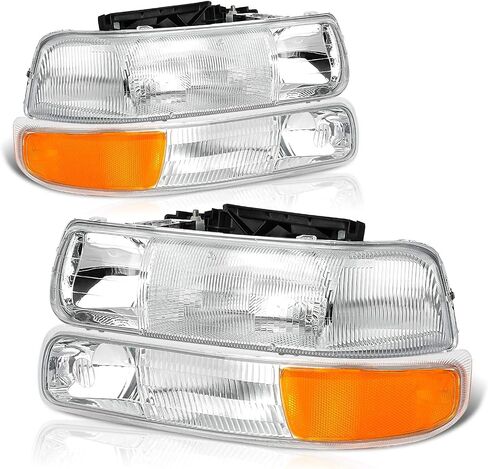 Headlights Assembly Compatible with 1999-2002 Chevy Silverado 1500 2500, 2000-2006 Tahoe Suburban Headlights Headlamp with Bumper Lights, Black Housing Clear Reflector in Kuwait