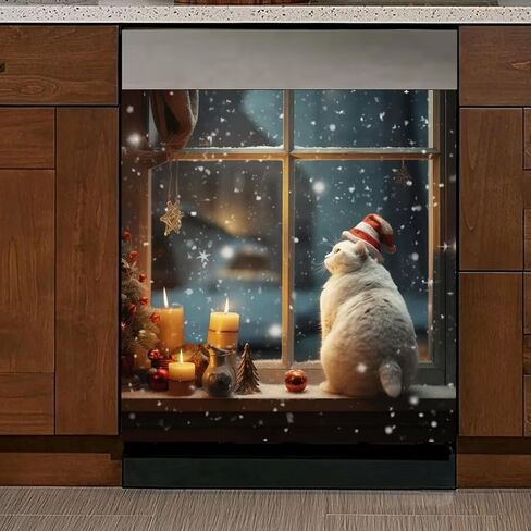 Winter Snow Scene Kitchen Decor Dishwasher Sticker Art Magnet Cover for Door Panels,Christmas Cat Refrigerator Magnetic Dishwasher Cover Decals for Home Appliances,Easy to Trim,23"x17" in Saudi Arabia