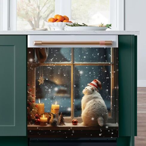 Winter Snow Scene Kitchen Decor Dishwasher Sticker Art Magnet Cover for Door Panels,Christmas Cat Refrigerator Magnetic Dishwasher Cover Decals for Home Appliances,Easy to Trim,23"x17" in Saudi Arabia