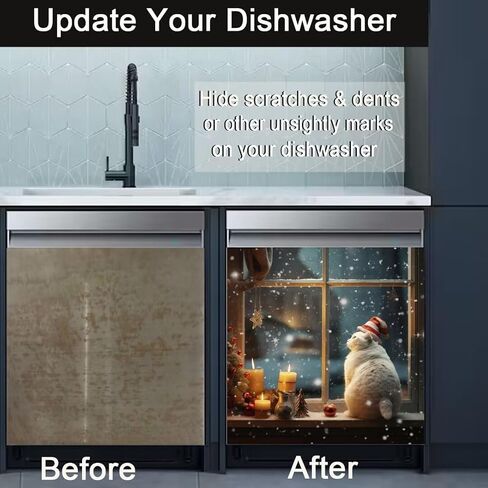 Winter Snow Scene Kitchen Decor Dishwasher Sticker Art Magnet Cover for Door Panels,Christmas Cat Refrigerator Magnetic Dishwasher Cover Decals for Home Appliances,Easy to Trim,23"x17" in Saudi Arabia