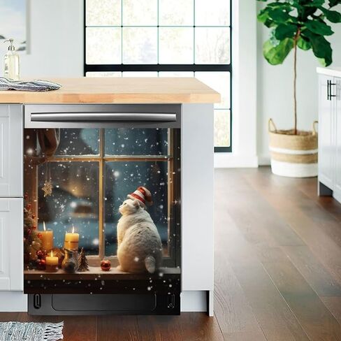 Winter Snow Scene Kitchen Decor Dishwasher Sticker Art Magnet Cover for Door Panels,Christmas Cat Refrigerator Magnetic Dishwasher Cover Decals for Home Appliances,Easy to Trim,23"x17" in Saudi Arabia