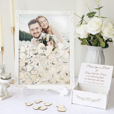 AerWo Wedding Guest Book Alternative, Acrylic Guest Book Wedding Reception Wedding Heart Guest Book Drop Box with Picture Frame,100 Acrylic Hearts,Wedding Signs for Graduations Baby Shower Anniversary in Kuwait