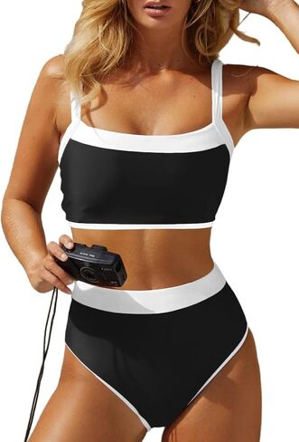 Herseas Women's Two Tone Patchwork Bikini Sets U Neck Swimsuit High Waisted Bathing Suit in Kuwait