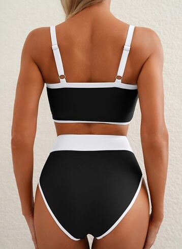 Herseas Women's Two Tone Patchwork Bikini Sets U Neck Swimsuit High Waisted Bathing Suit in Kuwait