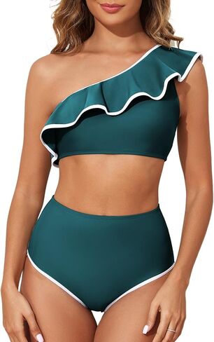 Herseas Women's One Shoulder Bikini Sets Color Block Trim Ruffle Hem Swimsuits Elegant Bathing Suits in Saudi Arabia
