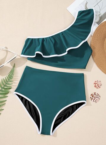 Herseas Women's One Shoulder Bikini Sets Color Block Trim Ruffle Hem Swimsuits Elegant Bathing Suits in Saudi Arabia