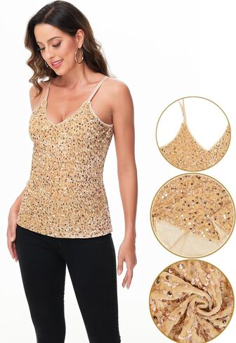 Anna-Kaci Womens Sleeveless Sequin Tops V Neck Sparkle Spaghetti Strap Cami Tank Top Shirt in Kuwait