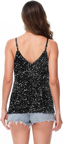 Anna-Kaci Womens Sleeveless Sequin Tops V Neck Sparkle Spaghetti Strap Cami Tank Top Shirt in Kuwait