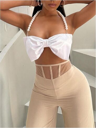 SOLY HUX Women's Pearls Beaded Halter Bow Front Cami Crop Tops Sexy Camisole in Saudi Arabia