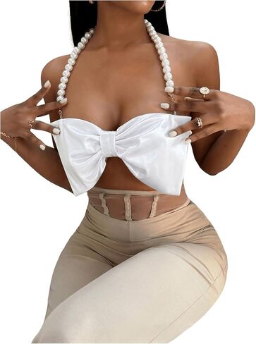 SOLY HUX Women's Pearls Beaded Halter Bow Front Cami Crop Tops Sexy Camisole in Saudi Arabia