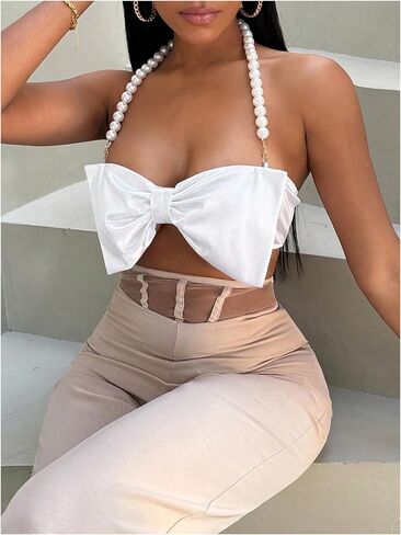 SOLY HUX Women's Pearls Beaded Halter Bow Front Cami Crop Tops Sexy Camisole in Saudi Arabia