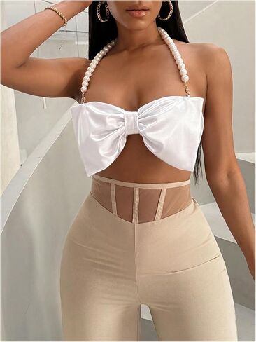 SOLY HUX Women's Pearls Beaded Halter Bow Front Cami Crop Tops Sexy Camisole in Saudi Arabia