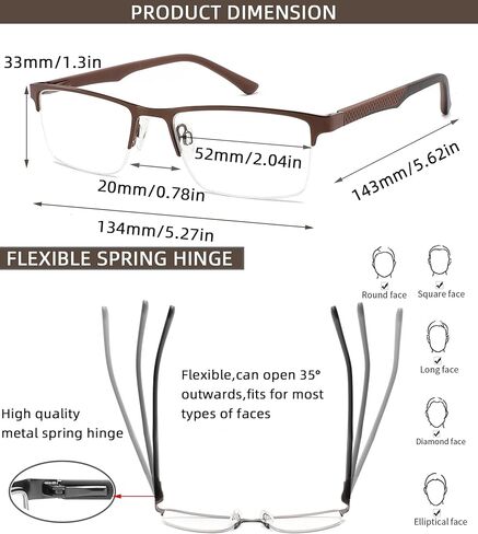 3 Pack Reading Glasses for Men Blue Light Blocking with Spring Hinge,Stylish Metal Half Frame Mens Computer Readers (+1.5 Strength) in Saudi Arabia
