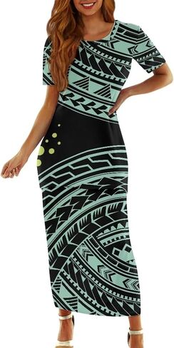 Puletasi Polynesian Tribal Clothing Two Piece Skirt Set for Women Outfits Short Sleeve Top High Waist Midi Skirt in Saudi Arabia