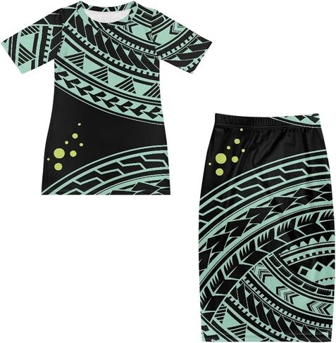 Puletasi Polynesian Tribal Clothing Two Piece Skirt Set for Women Outfits Short Sleeve Top High Waist Midi Skirt in Saudi Arabia