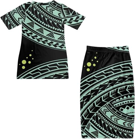 Puletasi Polynesian Tribal Clothing Two Piece Skirt Set for Women Outfits Short Sleeve Top High Waist Midi Skirt in Saudi Arabia