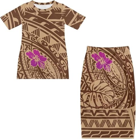 Puletasi Polynesian Tribal Clothing Two Piece Skirt Set for Women Outfits Short Sleeve Top High Waist Midi Skirt in Saudi Arabia