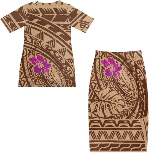 Puletasi Polynesian Tribal Clothing Two Piece Skirt Set for Women Outfits Short Sleeve Top High Waist Midi Skirt in Saudi Arabia