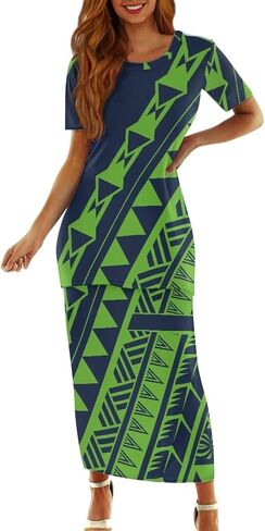 Puletasi Polynesian Tribal Clothing Two Piece Skirt Set for Women Outfits Short Sleeve Top High Waist Midi Skirt in Saudi Arabia
