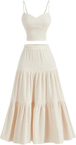 WDIRARA Women's 2 Piece Outfits Skirt Set Cami Top and Ruffle Hem A Line Skirt Matching Set in Saudi Arabia