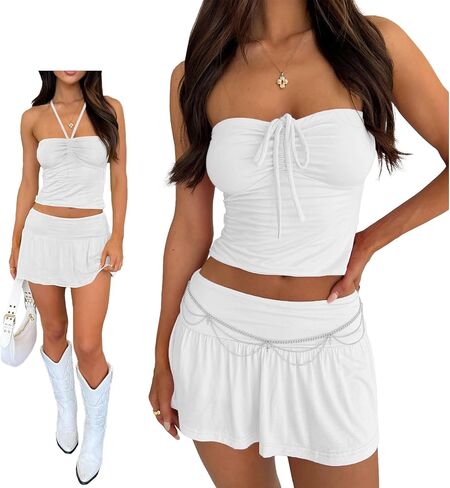 Two Piece Skirt Set for Women Sexy Y2k Going Out Bandeau Crop Tube Top Low Rise Mini Skirt Set Club Outfits Skorts in Saudi Arabia
