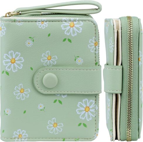 Cute Wallet Women Green Small Wallets Coin Purse Minimalist Flower Design Women's Travel Wallets Leather Credit Card Holder with ID Window Kawaii Cash Wallet for Women Ladies and Girls in Saudi Arabia
