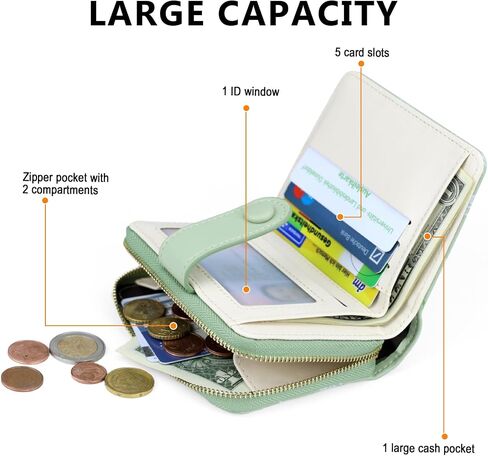 Cute Wallet Women Green Small Wallets Coin Purse Minimalist Flower Design Women's Travel Wallets Leather Credit Card Holder with ID Window Kawaii Cash Wallet for Women Ladies and Girls in Saudi Arabia