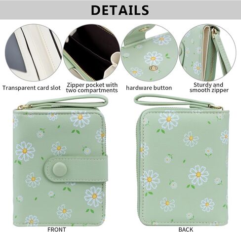 Cute Wallet Women Green Small Wallets Coin Purse Minimalist Flower Design Women's Travel Wallets Leather Credit Card Holder with ID Window Kawaii Cash Wallet for Women Ladies and Girls in Saudi Arabia