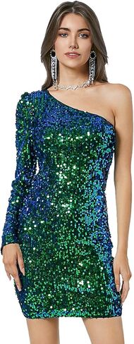 Women's Sequin One Shoulder Dress Long Sleeve Sparkly Cocktail Club Tight Bodycon Christmas Dresses in Kuwait