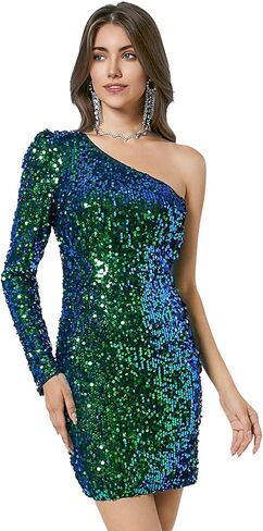 Women's Sequin One Shoulder Dress Long Sleeve Sparkly Cocktail Club Tight Bodycon Christmas Dresses in Kuwait