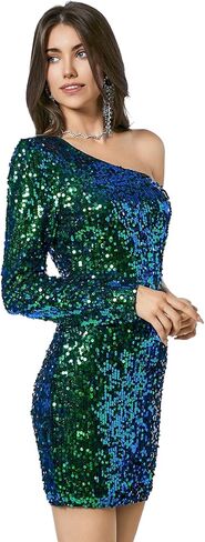 Women's Sequin One Shoulder Dress Long Sleeve Sparkly Cocktail Club Tight Bodycon Christmas Dresses in Kuwait