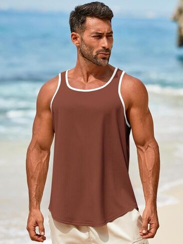 Runcati Mens Sleeveless Tank Tops Workout Muscle Gym Knitted Shirt Athletic Bodybuilding Slim Fit Ribbed T Shirts in Kuwait