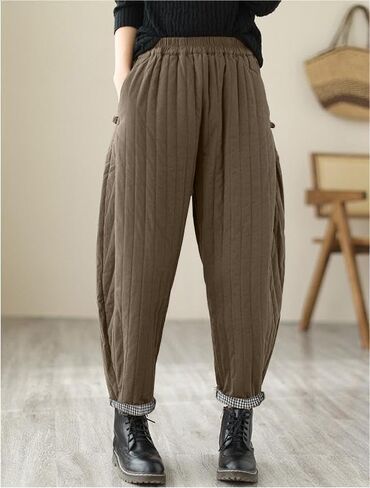 TBA سراويل شتوية للنساء دافئ أسفل القطن بانت سميكة مبطن مبطن Sweatpants فضفاضة تناسب واسعة الساق بنطلون مع جيوب in Kuwait