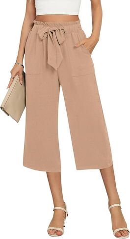 Women's Wide Leg Pants Capris Pants High Waist Casual Lounge Pants Adjustable Tie Business Casual Pants in Saudi Arabia