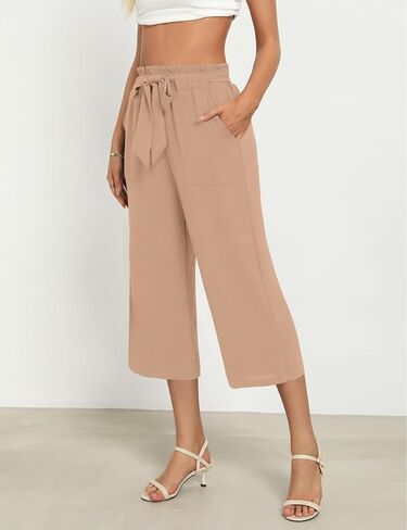 Women's Wide Leg Pants Capris Pants High Waist Casual Lounge Pants Adjustable Tie Business Casual Pants in Saudi Arabia