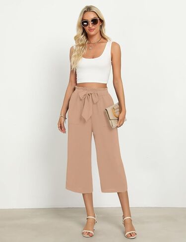Women's Wide Leg Pants Capris Pants High Waist Casual Lounge Pants Adjustable Tie Business Casual Pants in Saudi Arabia