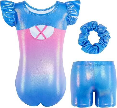 ملابس الجمباز للفتيات من Gogokids، ملابس باليه للرقص بأكمام قصيرة مكشكشة للأطفال الصغار، ملابس رياضية مع شورت in Kuwait