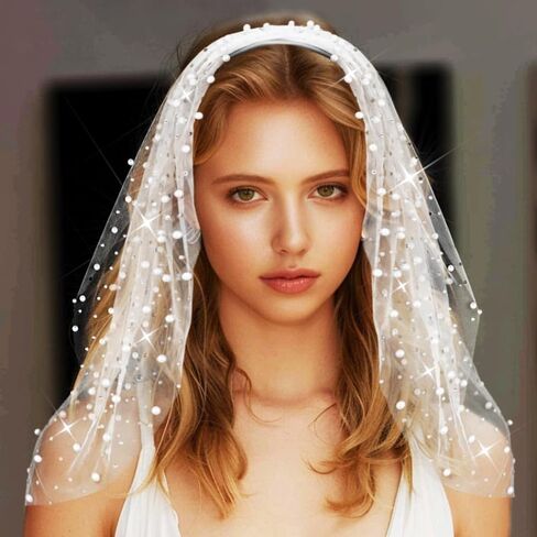 Latious 1 Tier Pearl Bride Wedding Veils Short Bridal Veil Rhinestone Veils with Headbands for Brides and Women in Saudi Arabia