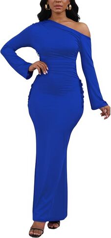 Women's Sexy Bodycon One Shoulder Long Sleeve Ruffle Maxi Club Party Cocktail Long Dress in Kuwait
