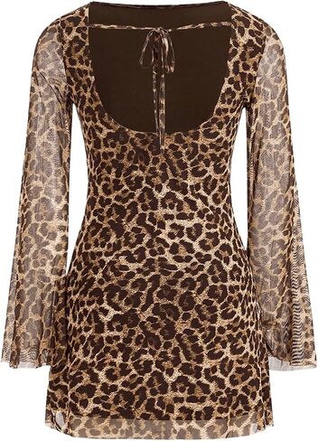 GORGLITTER Women's Cheetah Leopard Print Dress Y2k Backless Mesh Long Sleeves Bodycon Mini Dresses in Kuwait